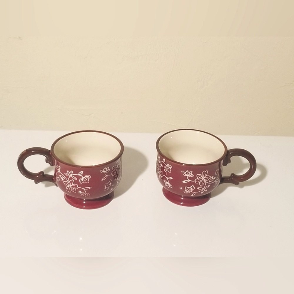 2 Floral Lace Burgundy Ceramic Mugs By Temptations
